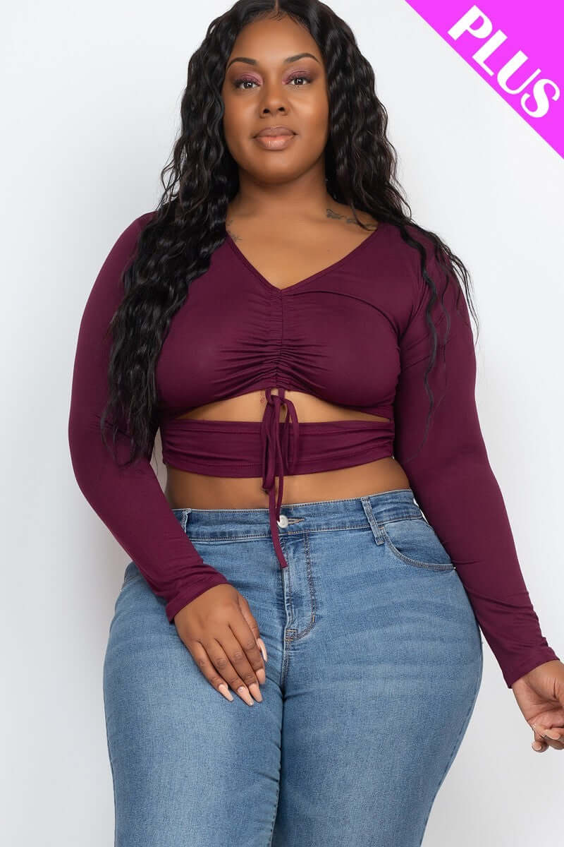 Plus Size Drawstring Ruched Cutout Crop Top - The Diva Goddess