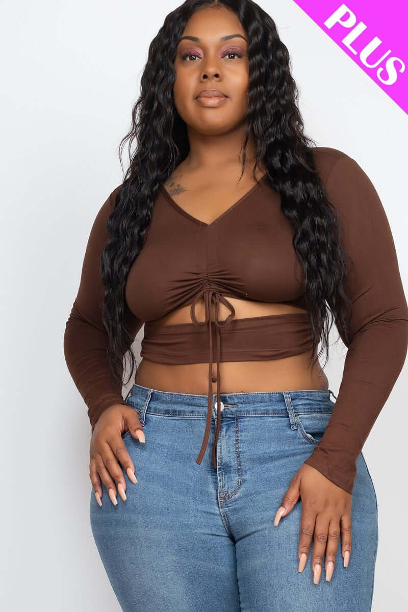 Plus Size Drawstring Ruched Cutout Crop Top - The Diva Goddess