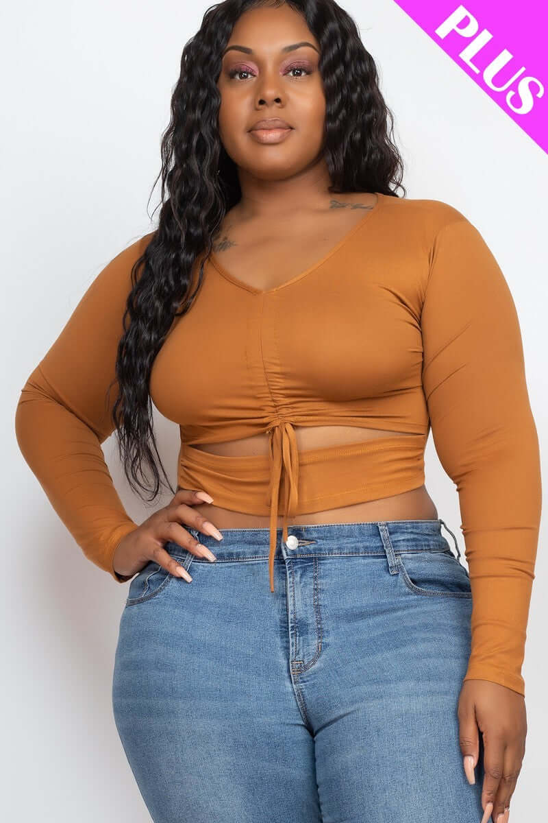 Plus Size Drawstring Ruched Cutout Crop Top - The Diva Goddess