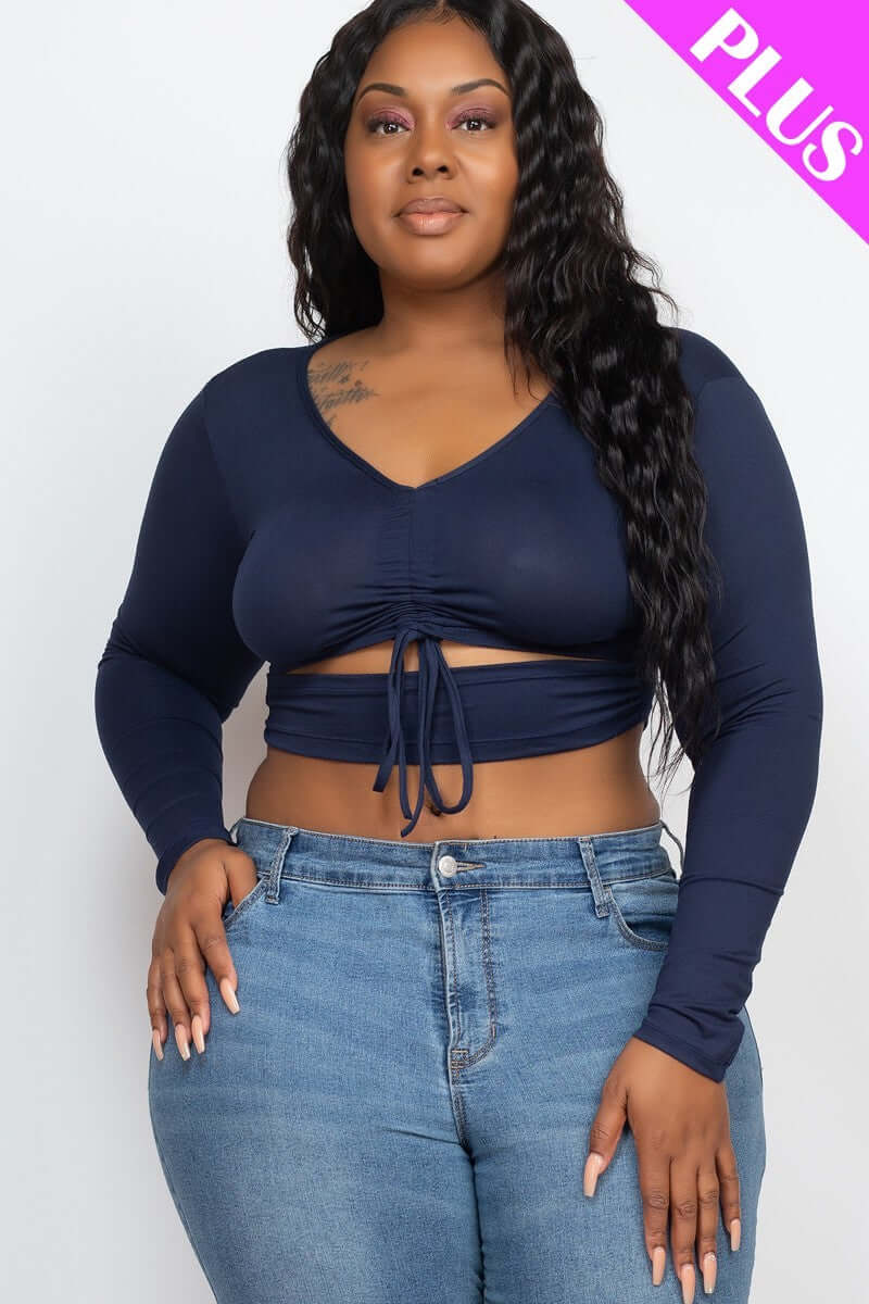 Plus Size Drawstring Ruched Cutout Crop Top - The Diva Goddess