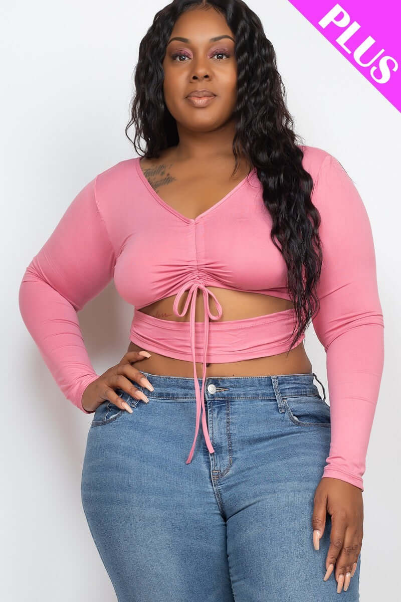 Plus Size Drawstring Ruched Cutout Crop Top - The Diva Goddess