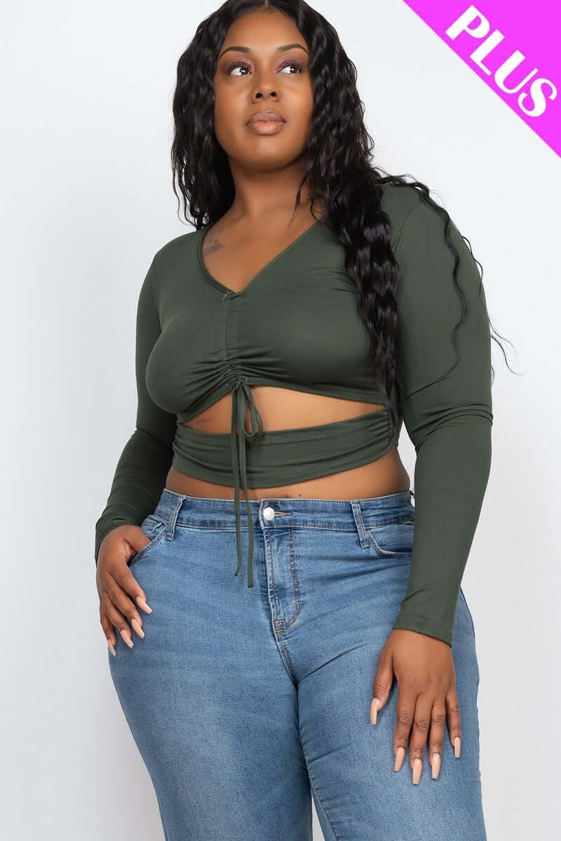 Plus Size Drawstring Ruched Cutout Crop Top - The Diva Goddess