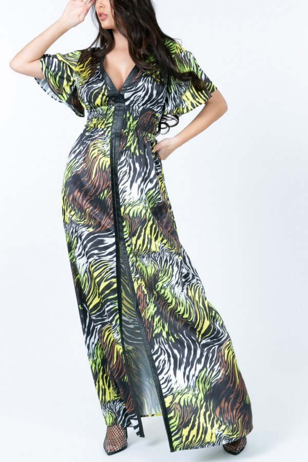 Deep V Neck Slit Zebra Print Long Dress - The Diva Goddess