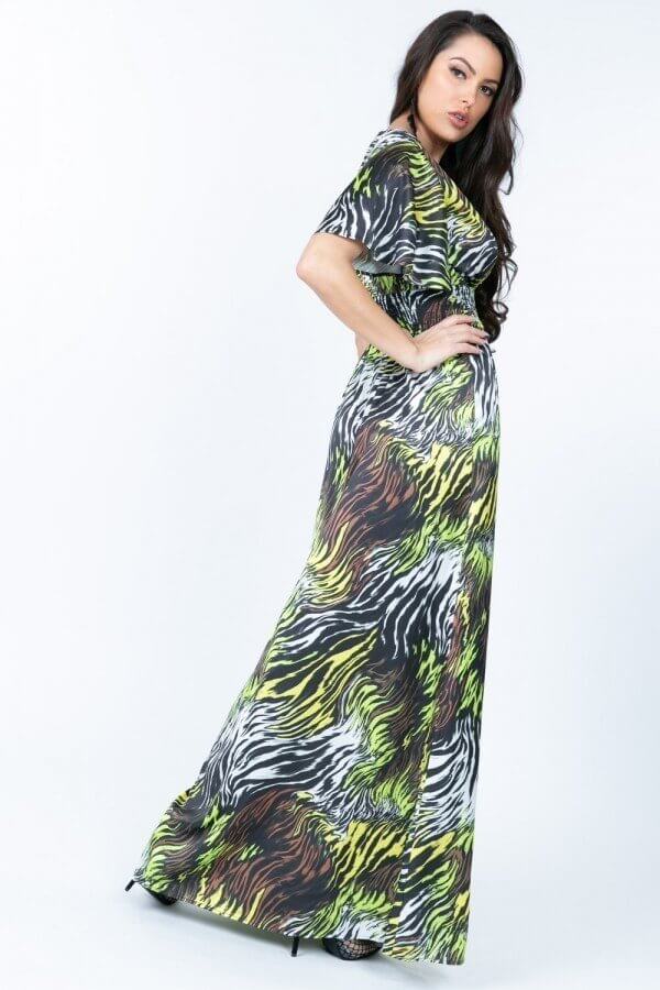 Deep V Neck Slit Zebra Print Long Dress - The Diva Goddess