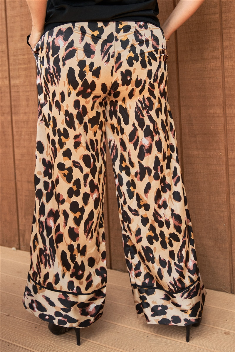 Plus Leopard Print Satin High-Waisted Wide Leg Pants