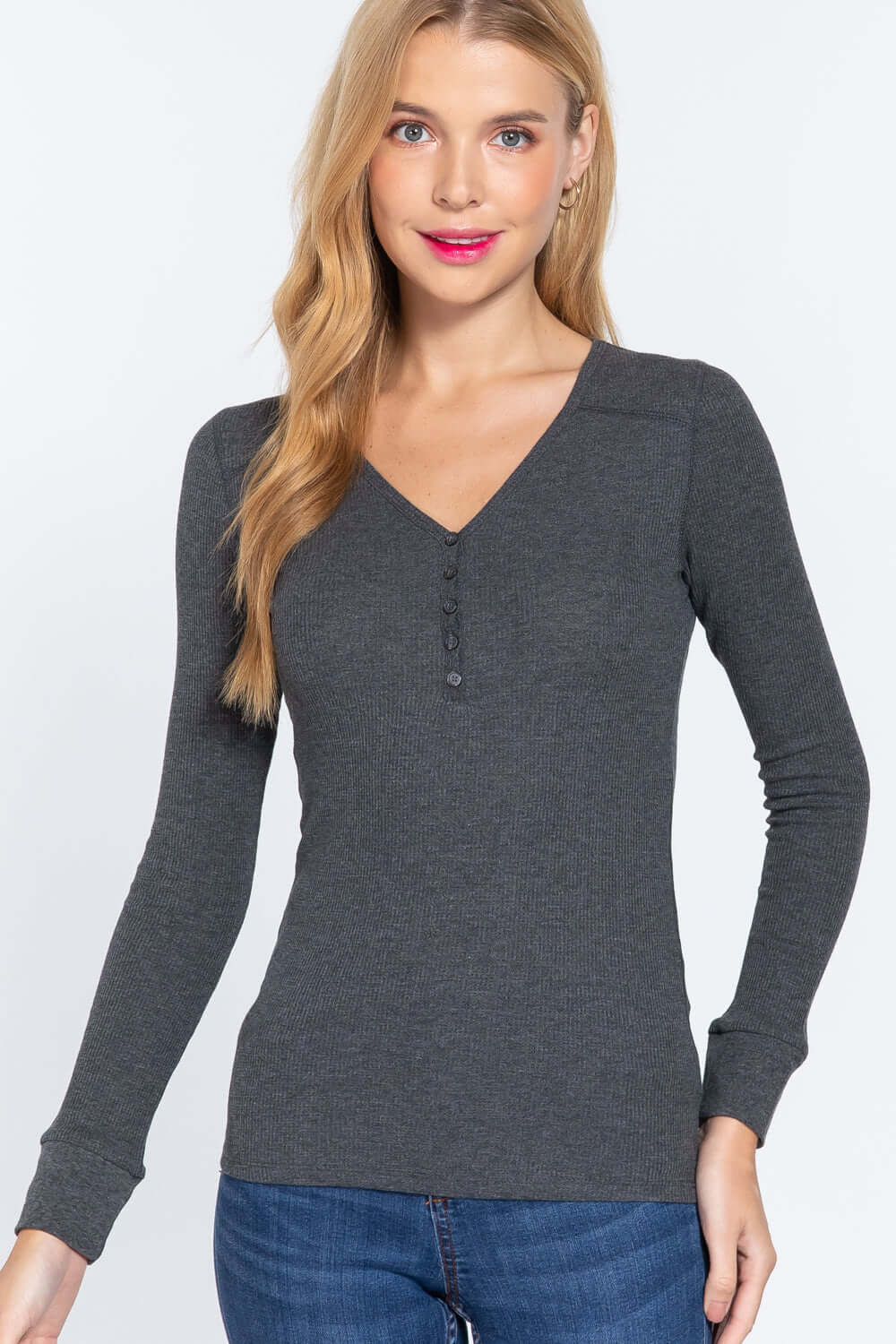 Long Slv V-neck Placket Thermal Top - The Diva Goddess