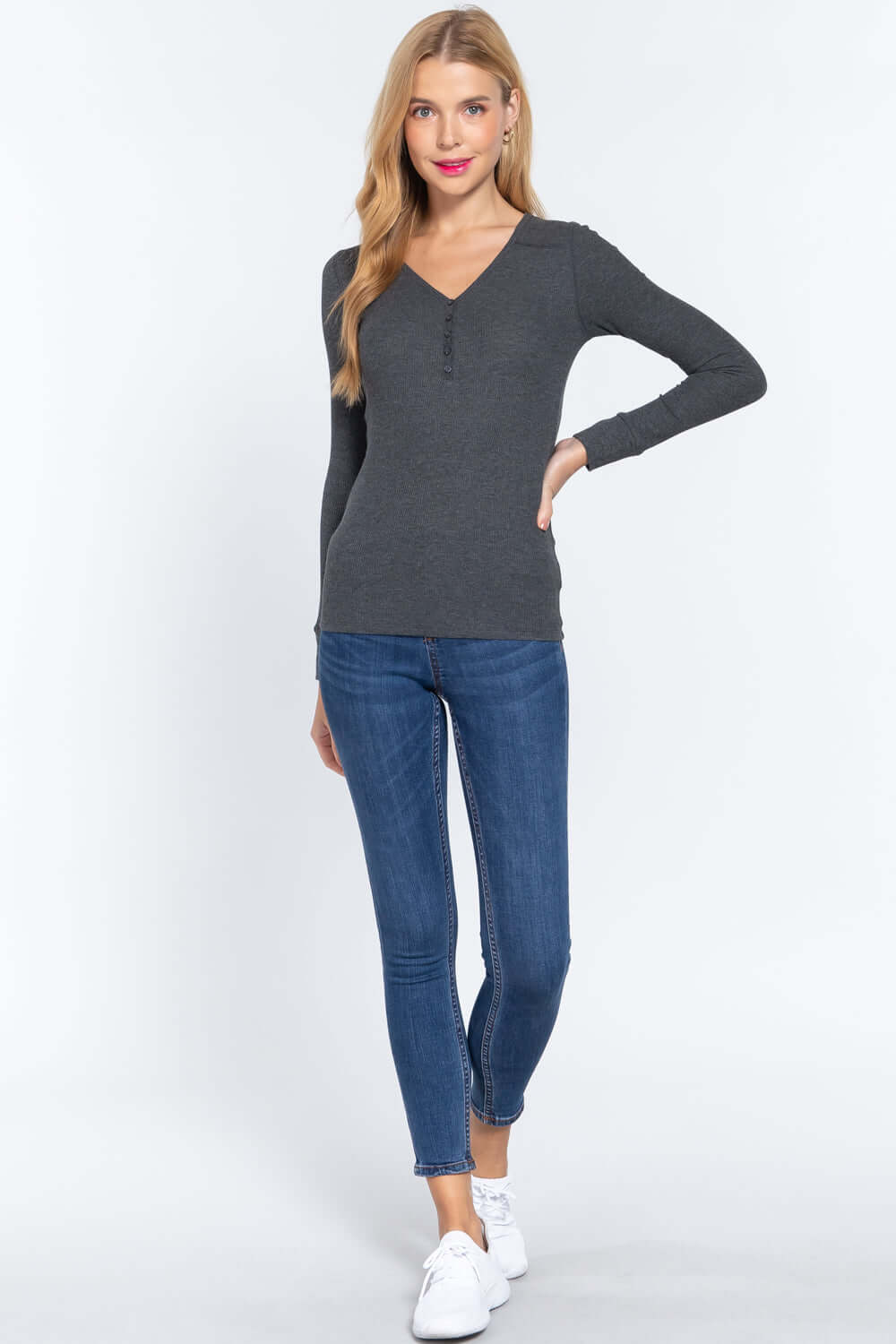 Long Slv V-neck Placket Thermal Top - The Diva Goddess