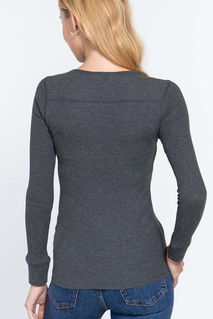 Long Slv V-neck Placket Thermal Top - The Diva Goddess