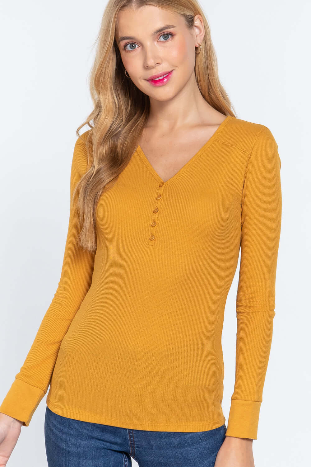 Long Slv V-neck Placket Thermal Top - The Diva Goddess