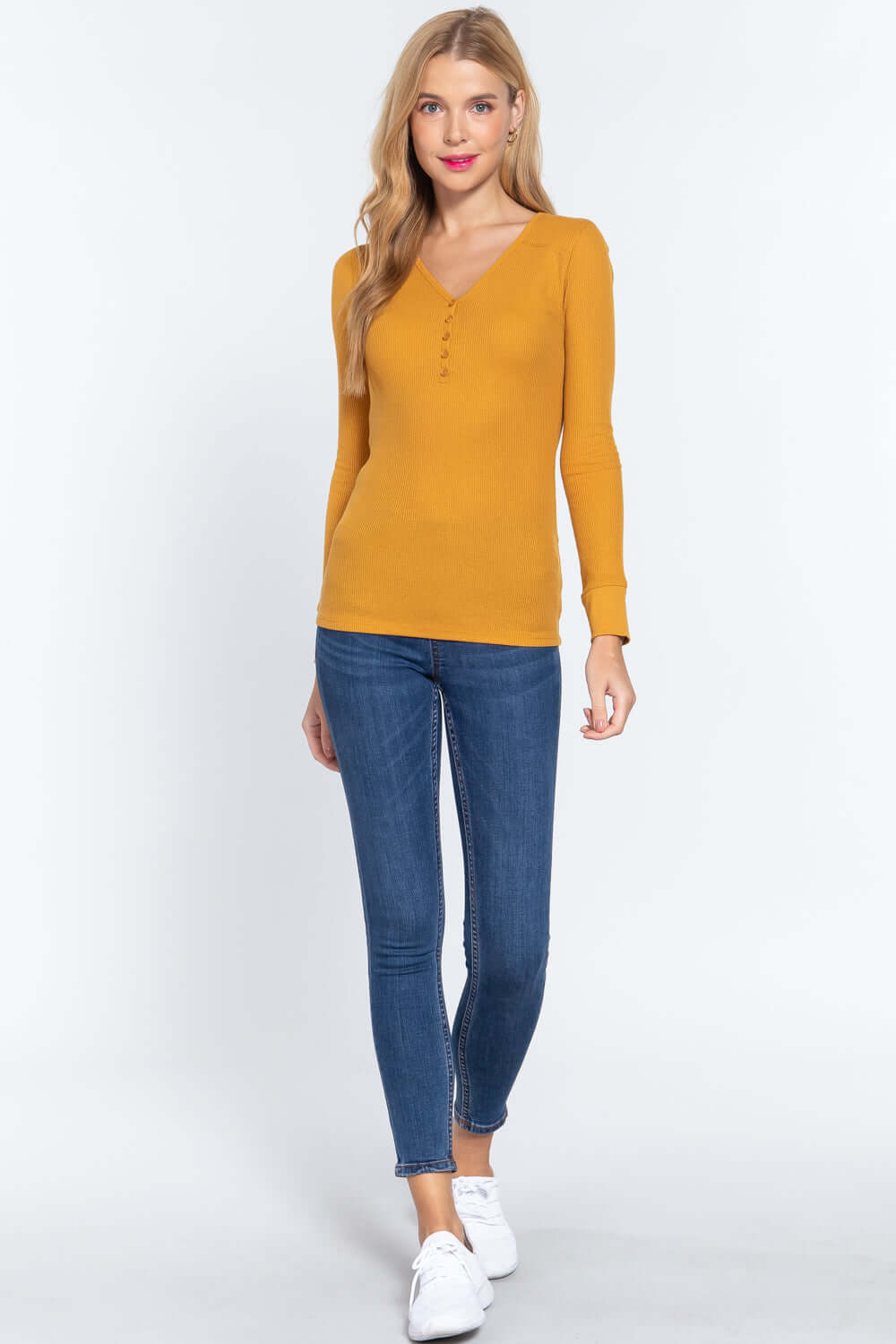 Long Slv V-neck Placket Thermal Top - The Diva Goddess