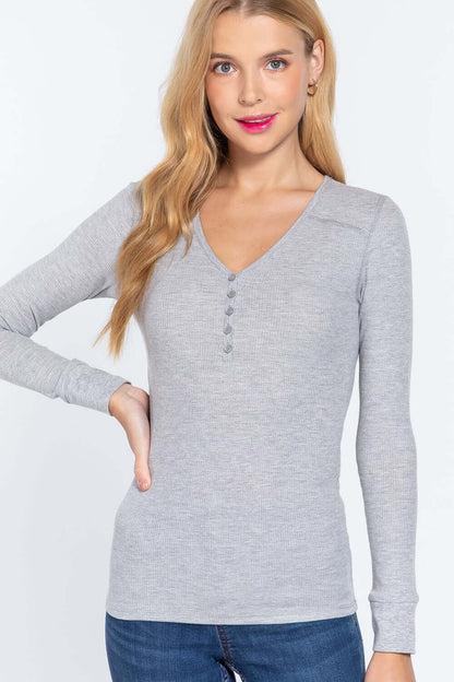 Long Slv V-neck Placket Thermal Top - The Diva Goddess