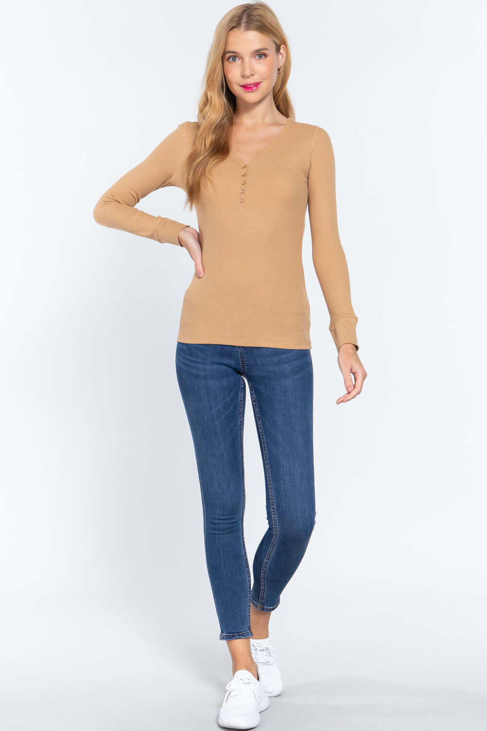 Long Slv V-neck Placket Thermal Top - The Diva Goddess