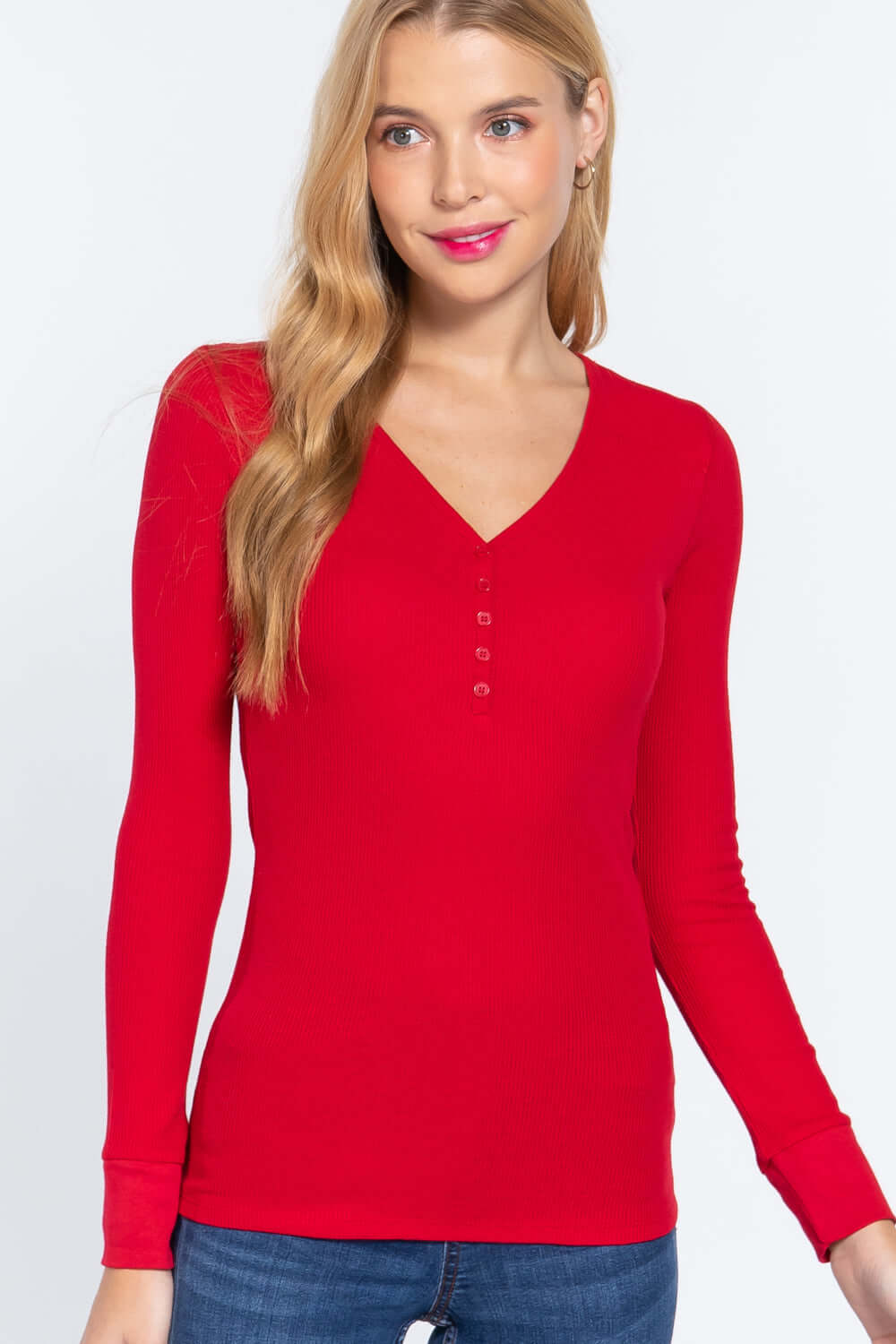 Long Slv V-neck Placket Thermal Top - The Diva Goddess