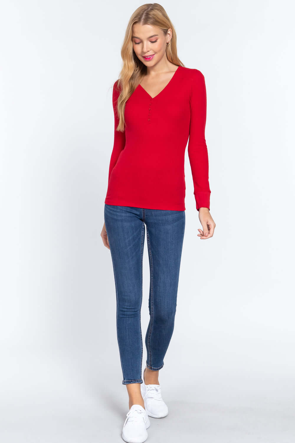 Long Slv V-neck Placket Thermal Top - The Diva Goddess