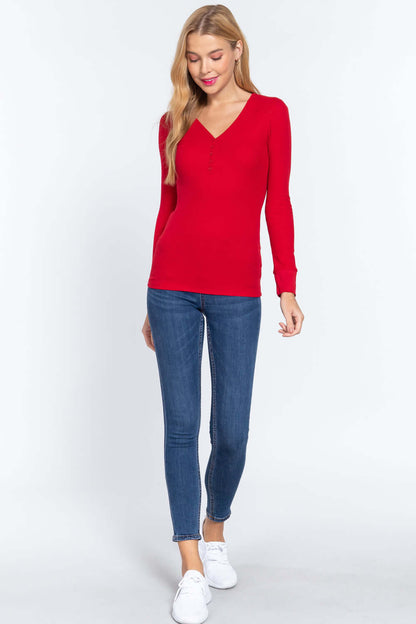 Long Slv V-neck Placket Thermal Top - The Diva Goddess