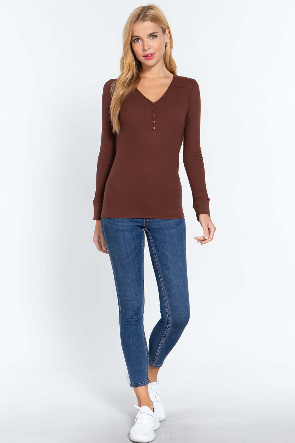 Long Slv V-neck Placket Thermal Top - The Diva Goddess