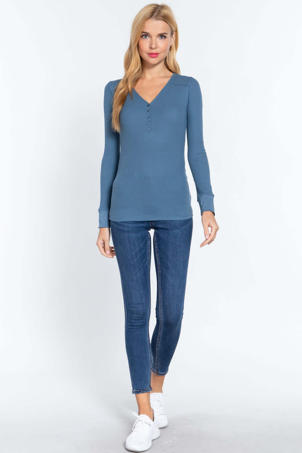 Long Slv V-neck Placket Thermal Top - The Diva Goddess