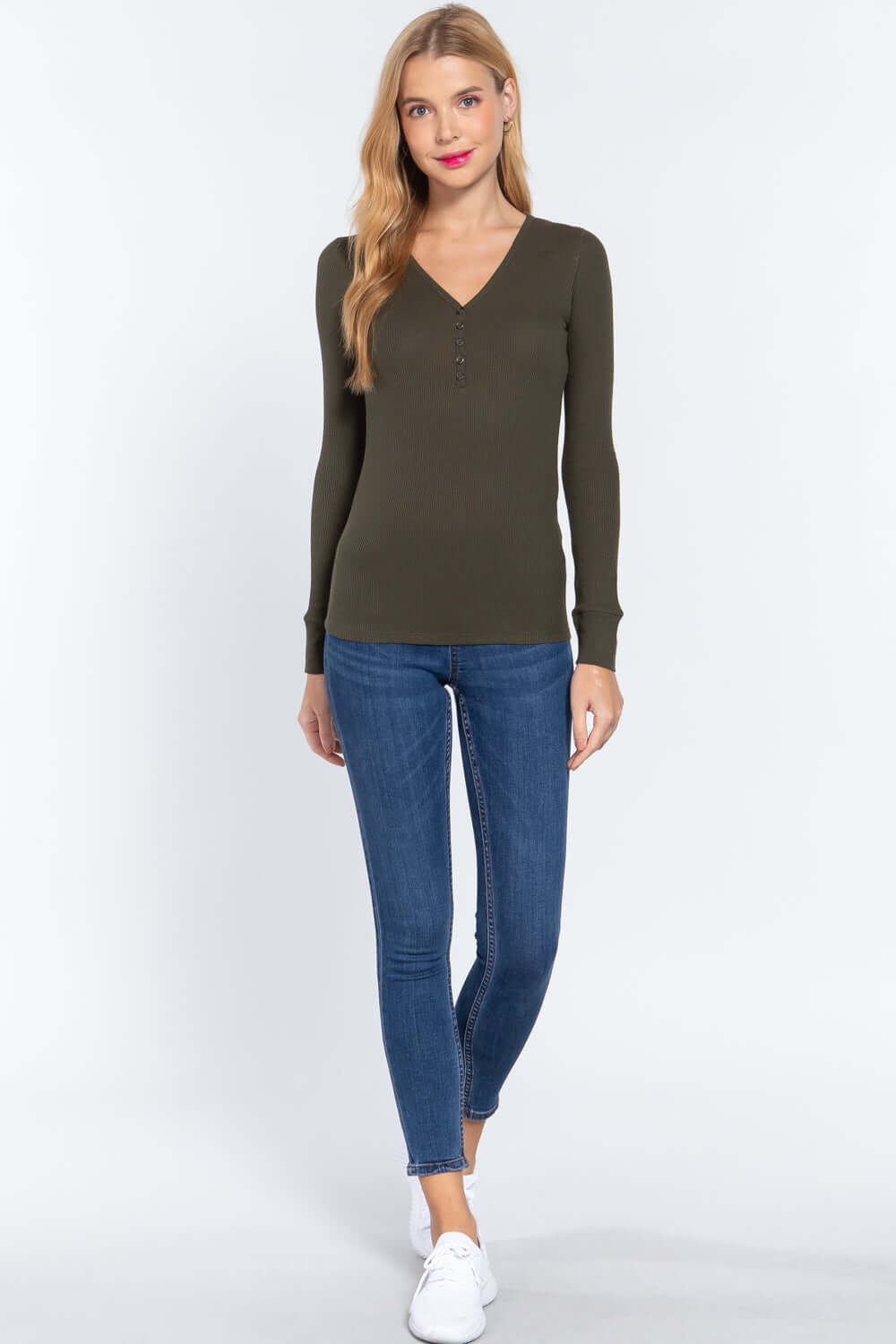 Long Slv V-neck Placket Thermal Top - The Diva Goddess