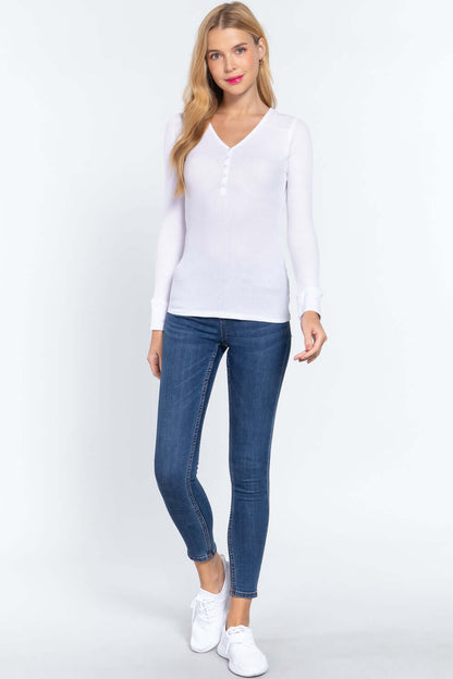 Long Slv V-neck Placket Thermal Top - The Diva Goddess