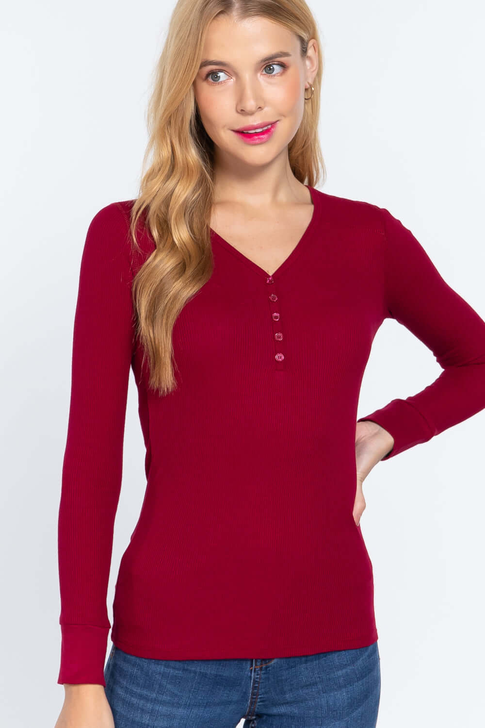 Long Slv V-neck Placket Thermal Top - The Diva Goddess