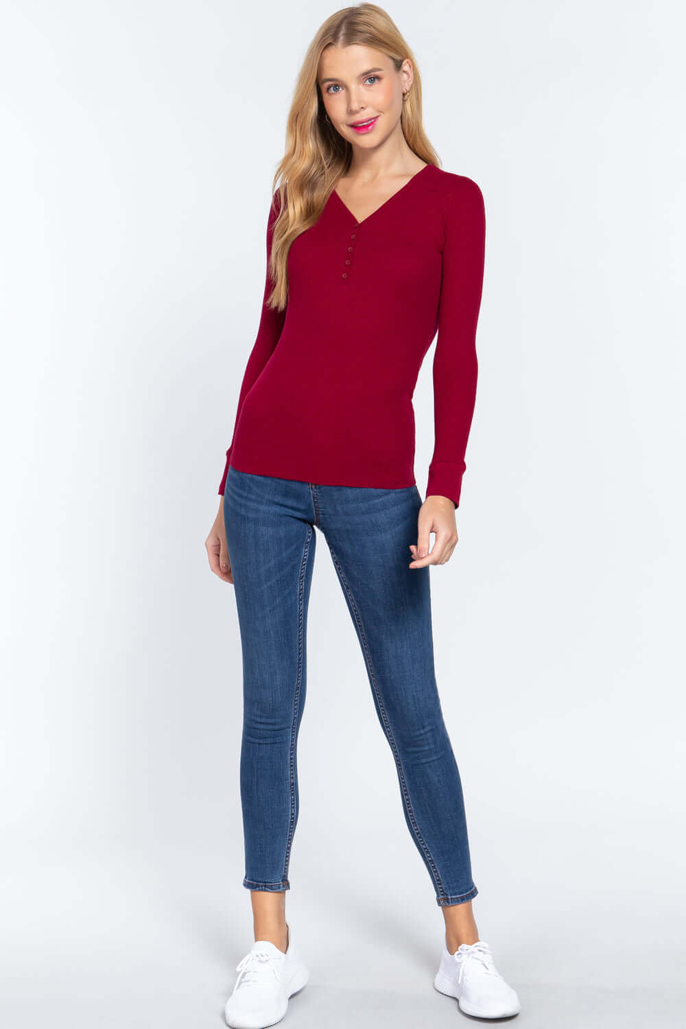 Long Slv V-neck Placket Thermal Top - The Diva Goddess