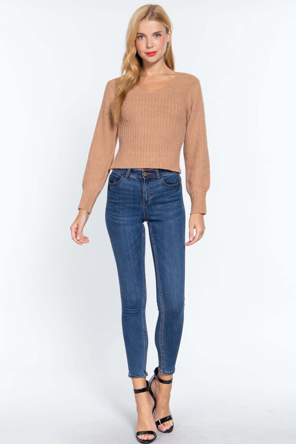 Long Puff Slv V-neck Rib Sweater - The Diva Goddess