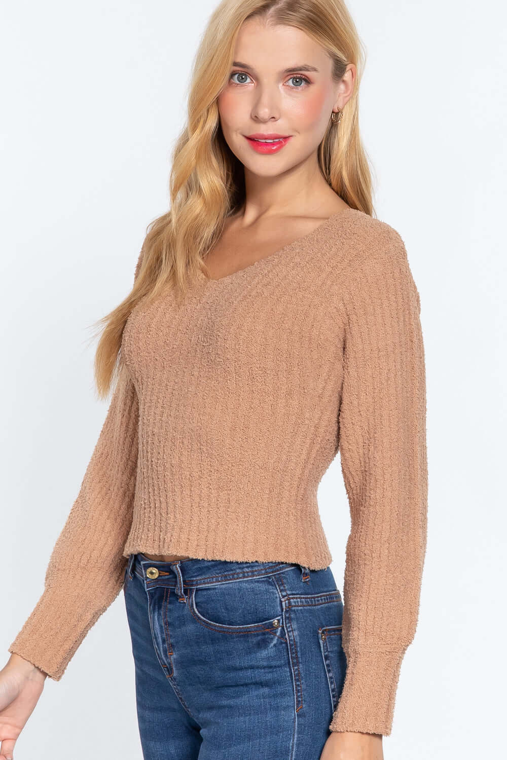 Long Puff Slv V-neck Rib Sweater - The Diva Goddess