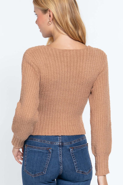 Long Puff Slv V-neck Rib Sweater - The Diva Goddess