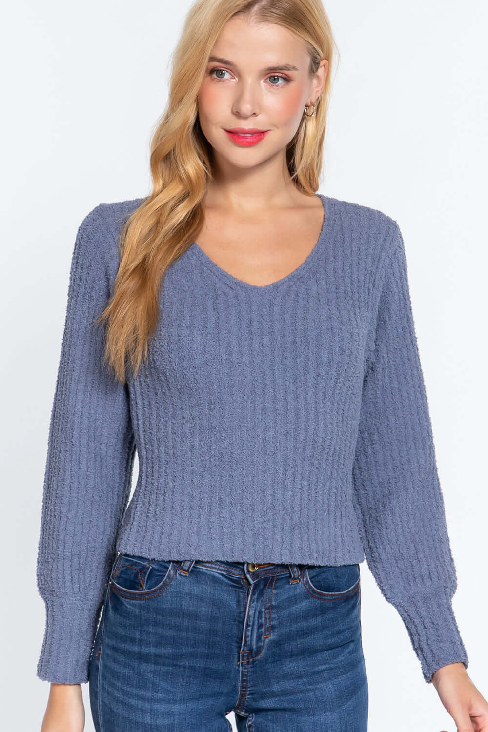 Long Puff Slv V-neck Rib Sweater - The Diva Goddess