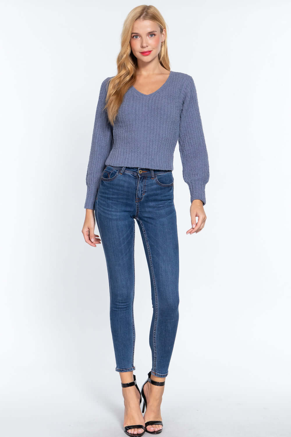 Long Puff Slv V-neck Rib Sweater - The Diva Goddess