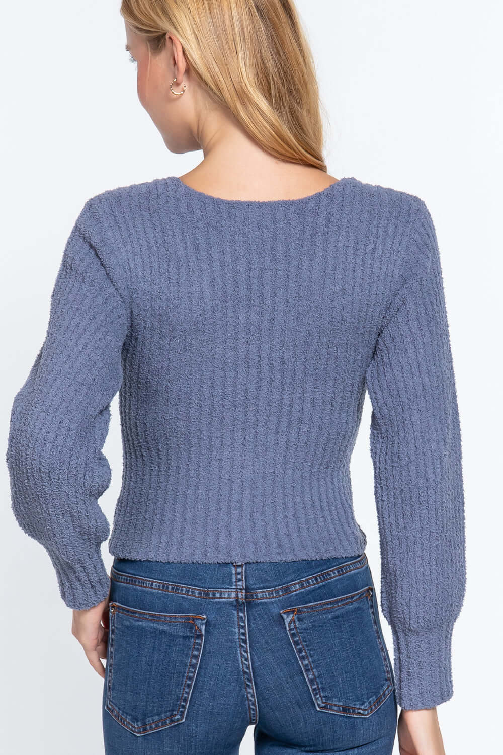 Long Puff Slv V-neck Rib Sweater - The Diva Goddess