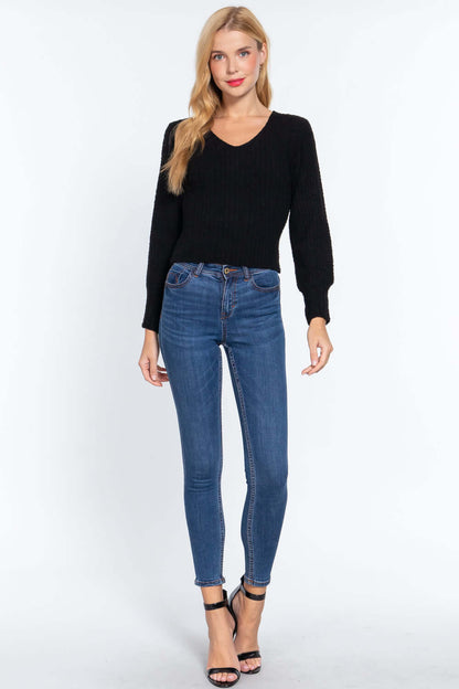 Long Puff Slv V-neck Rib Sweater - The Diva Goddess