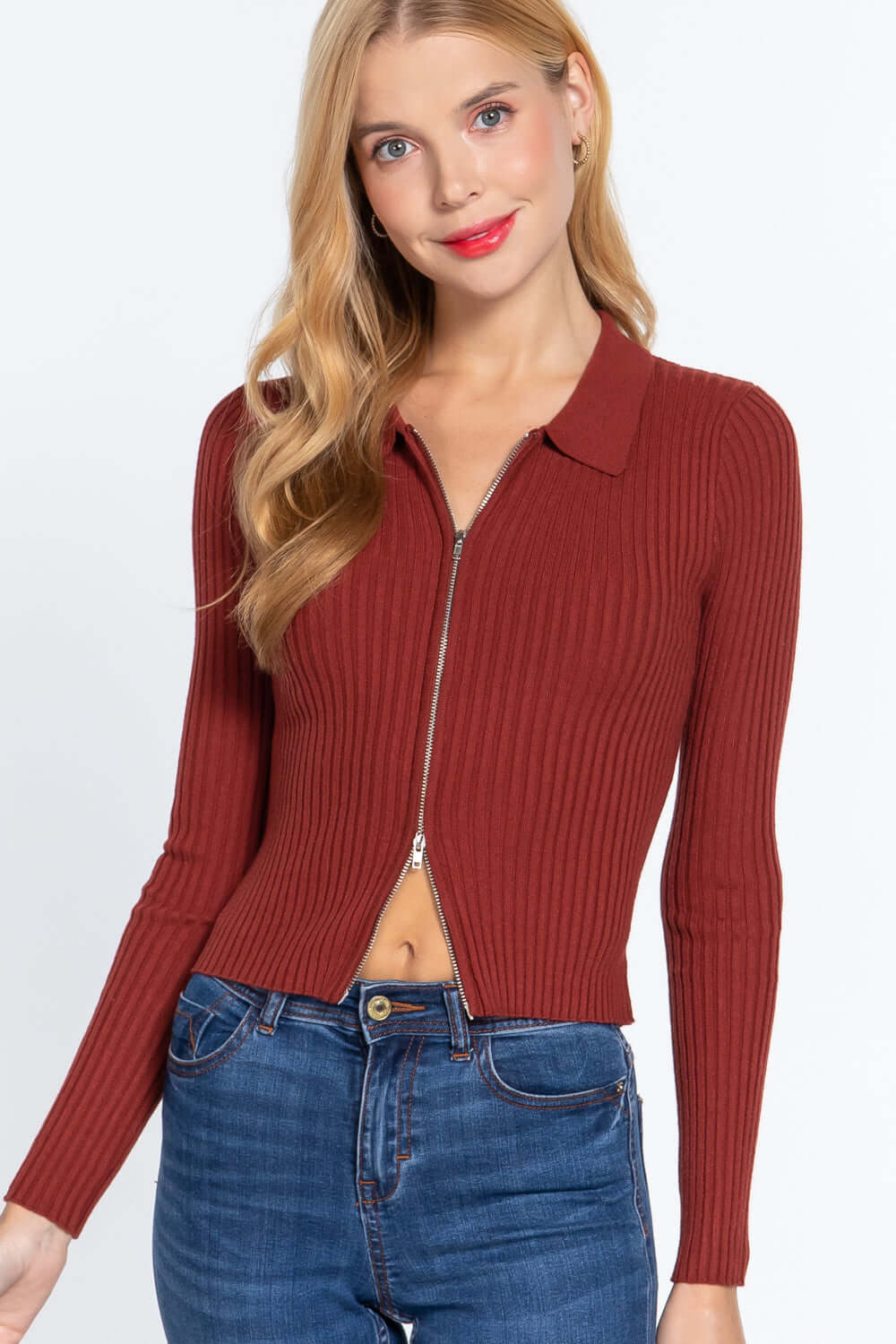 Notched Collar Zippered Sweater - The Diva Goddess