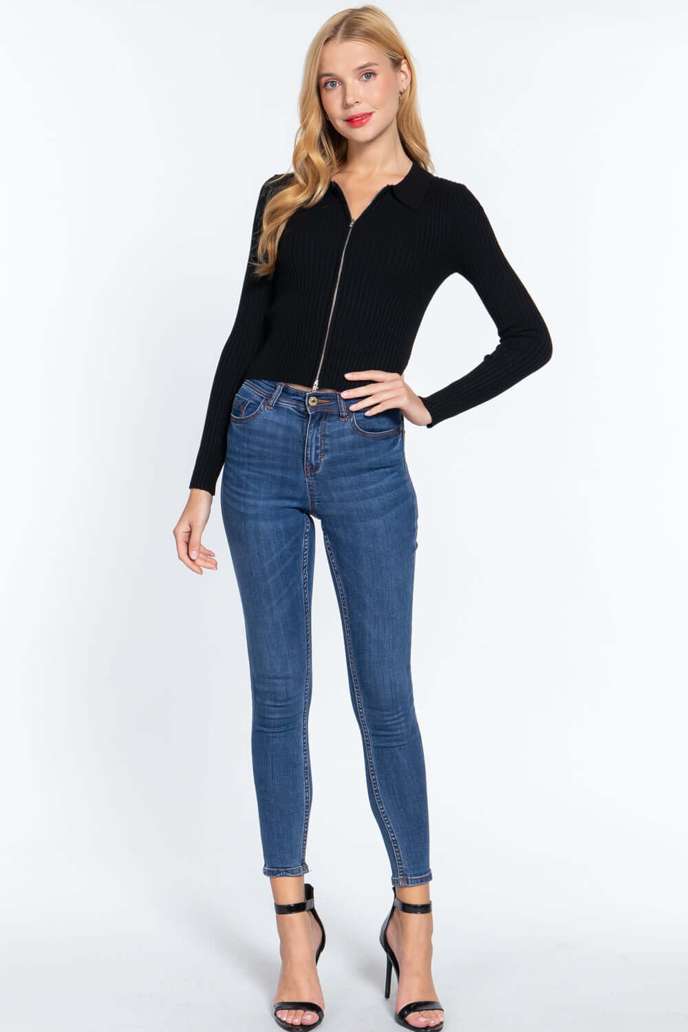 Notched Collar Zippered Sweater - The Diva Goddess