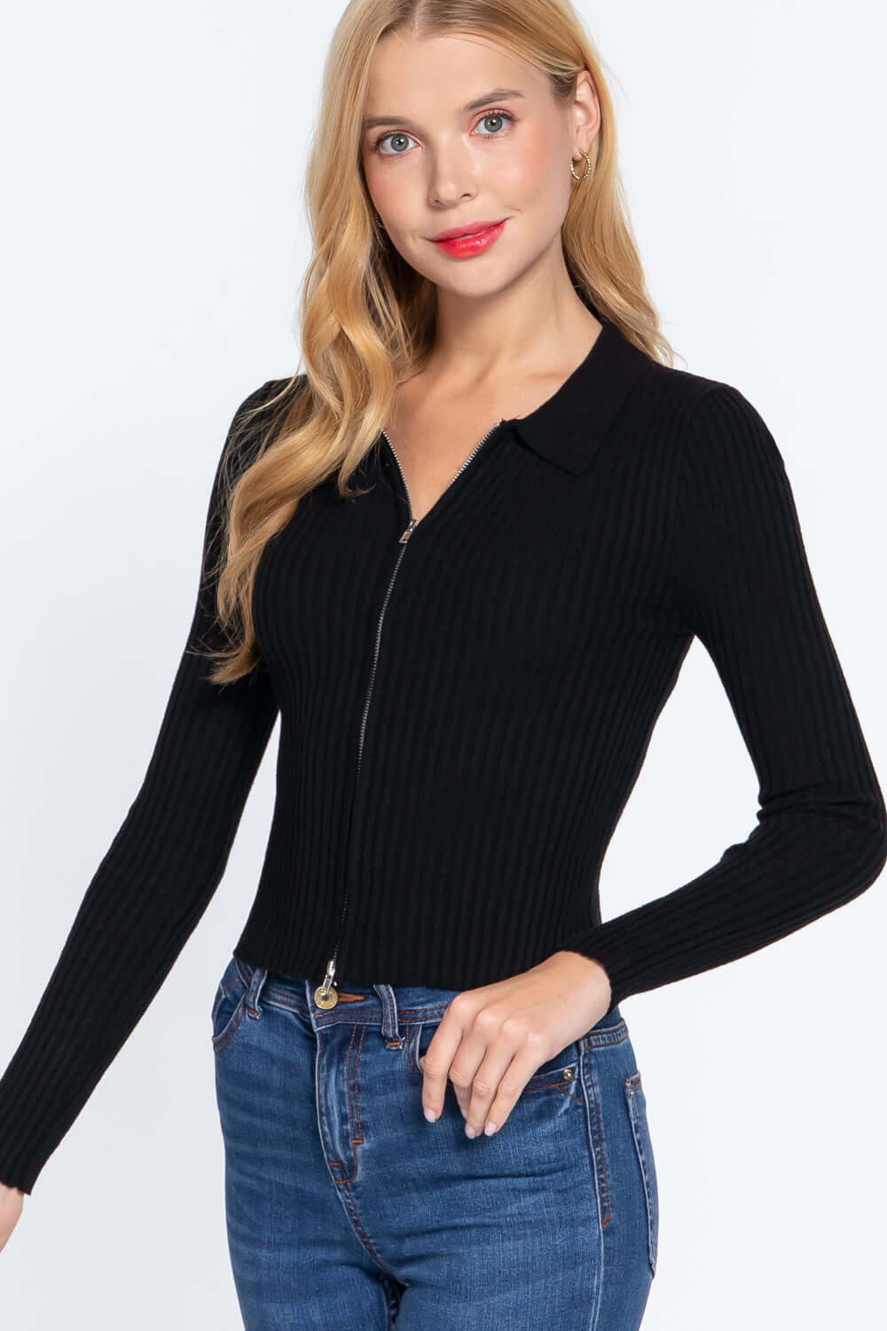 Notched Collar Zippered Sweater - The Diva Goddess