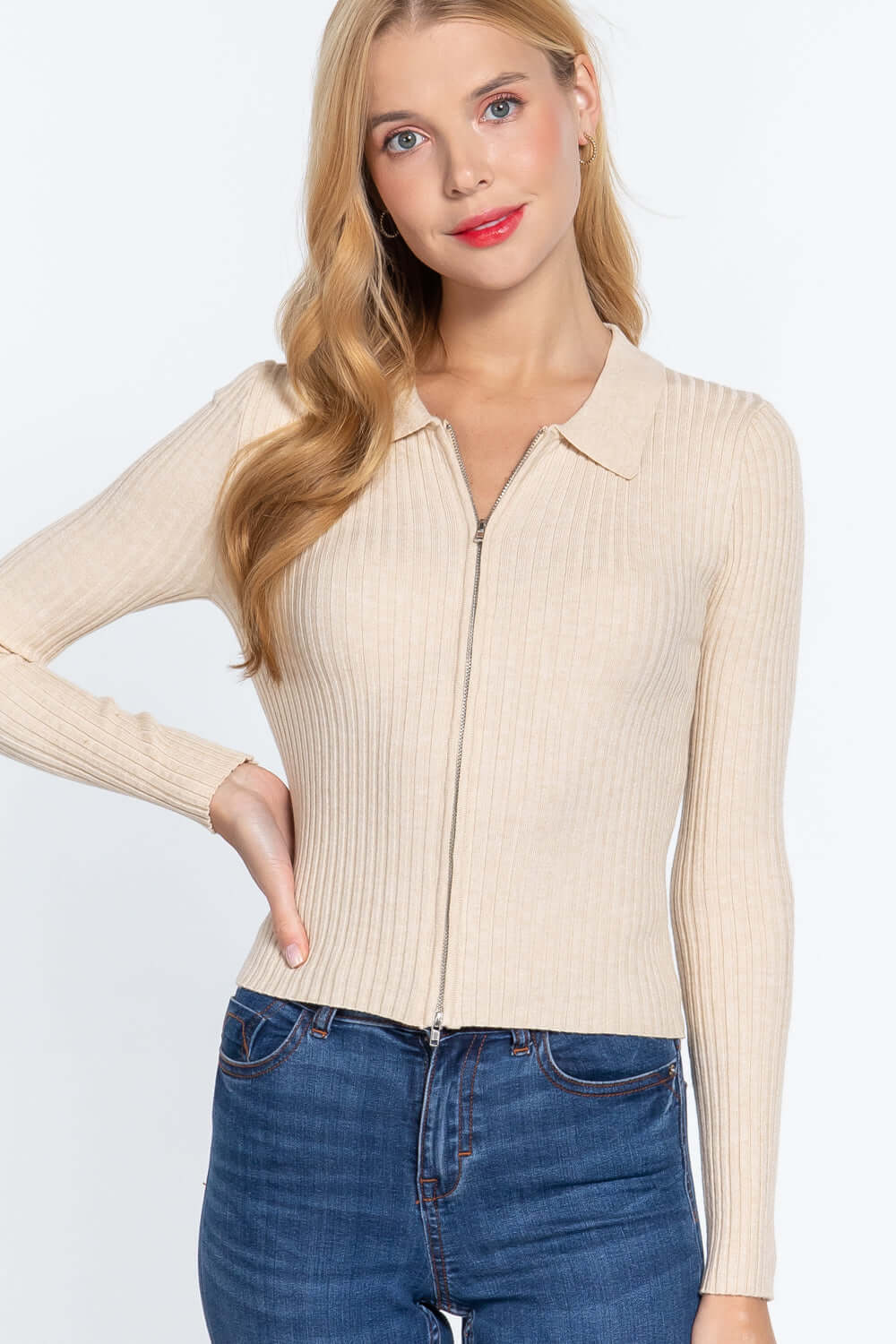 Notched Collar Zippered Sweater - The Diva Goddess