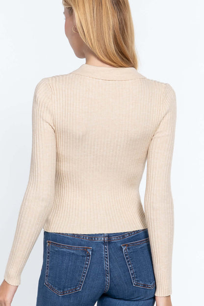 Notched Collar Zippered Sweater - The Diva Goddess