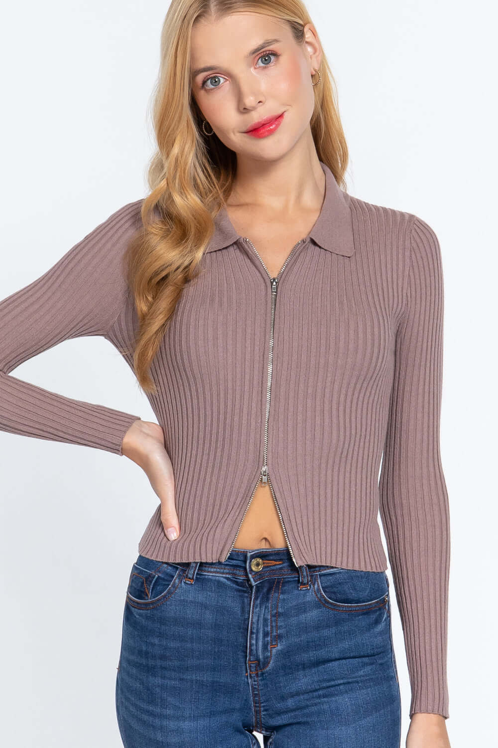 Notched Collar Zippered Sweater - The Diva Goddess