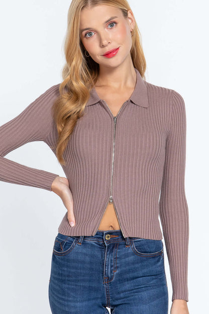 Notched Collar Zippered Sweater - The Diva Goddess