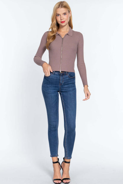 Notched Collar Zippered Sweater - The Diva Goddess