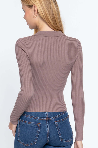 Notched Collar Zippered Sweater - The Diva Goddess