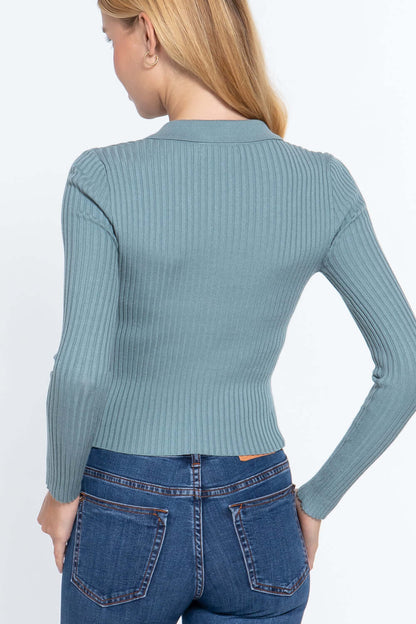 Notched Collar Zippered Sweater - The Diva Goddess