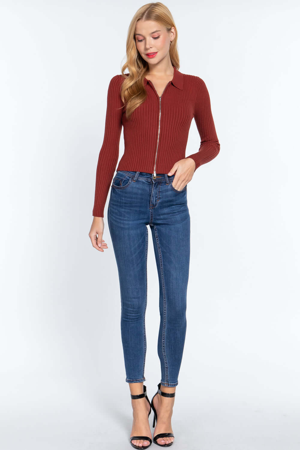 Notched Collar Zippered Sweater - The Diva Goddess