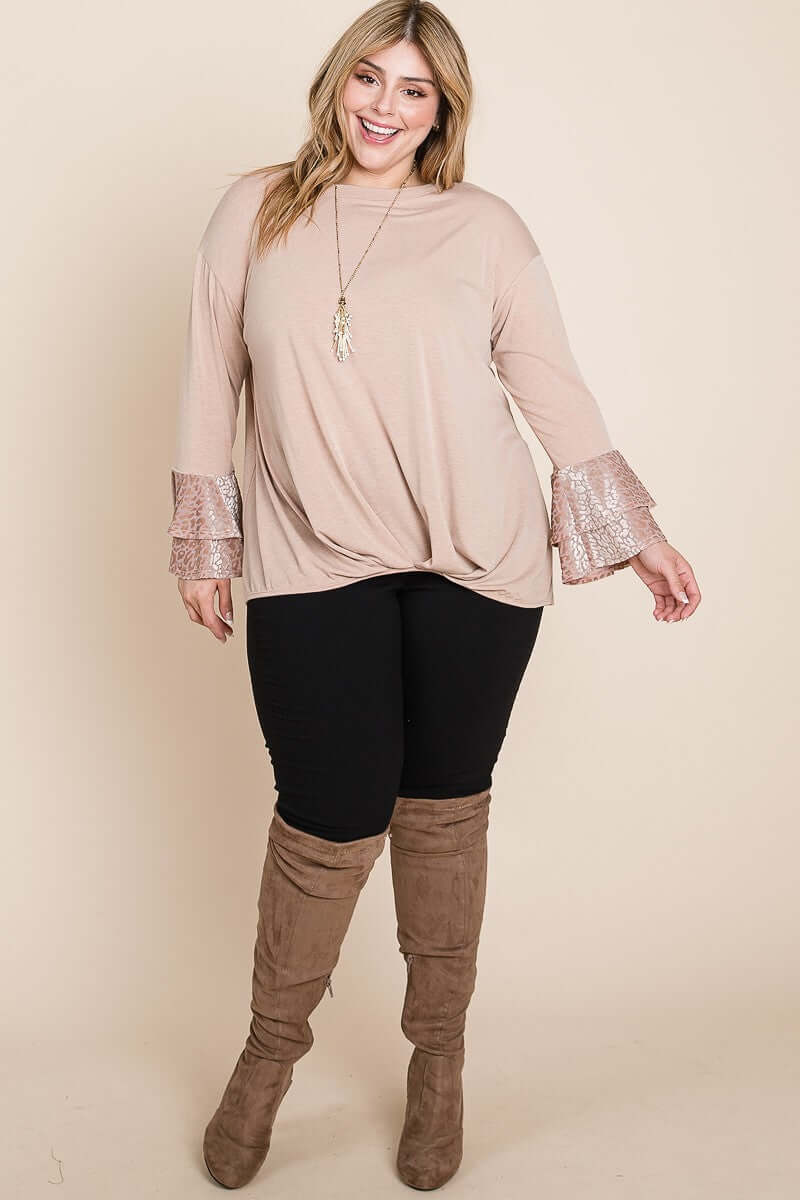 Plus Size Two Tier Velvet Animal Mesh Sleeves Solid Knit Top - The Diva Goddess