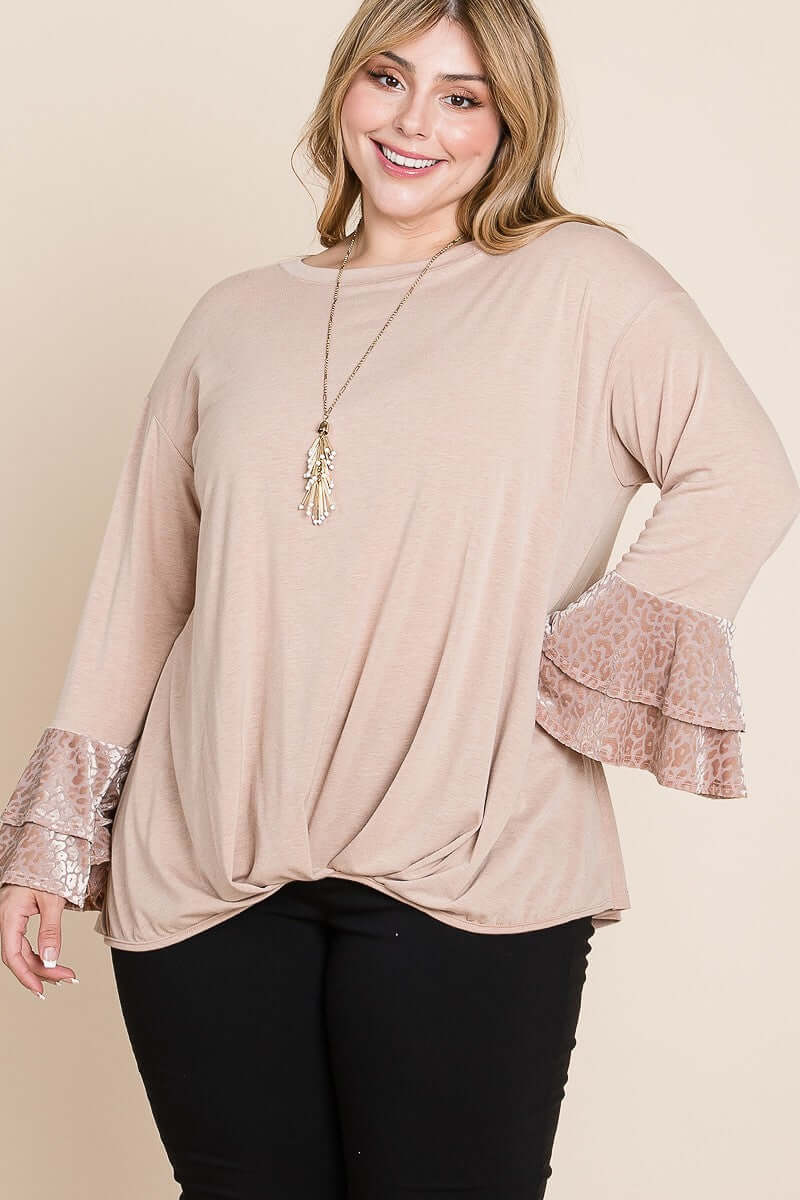 Plus Size Two Tier Velvet Animal Mesh Sleeves Solid Knit Top - The Diva Goddess