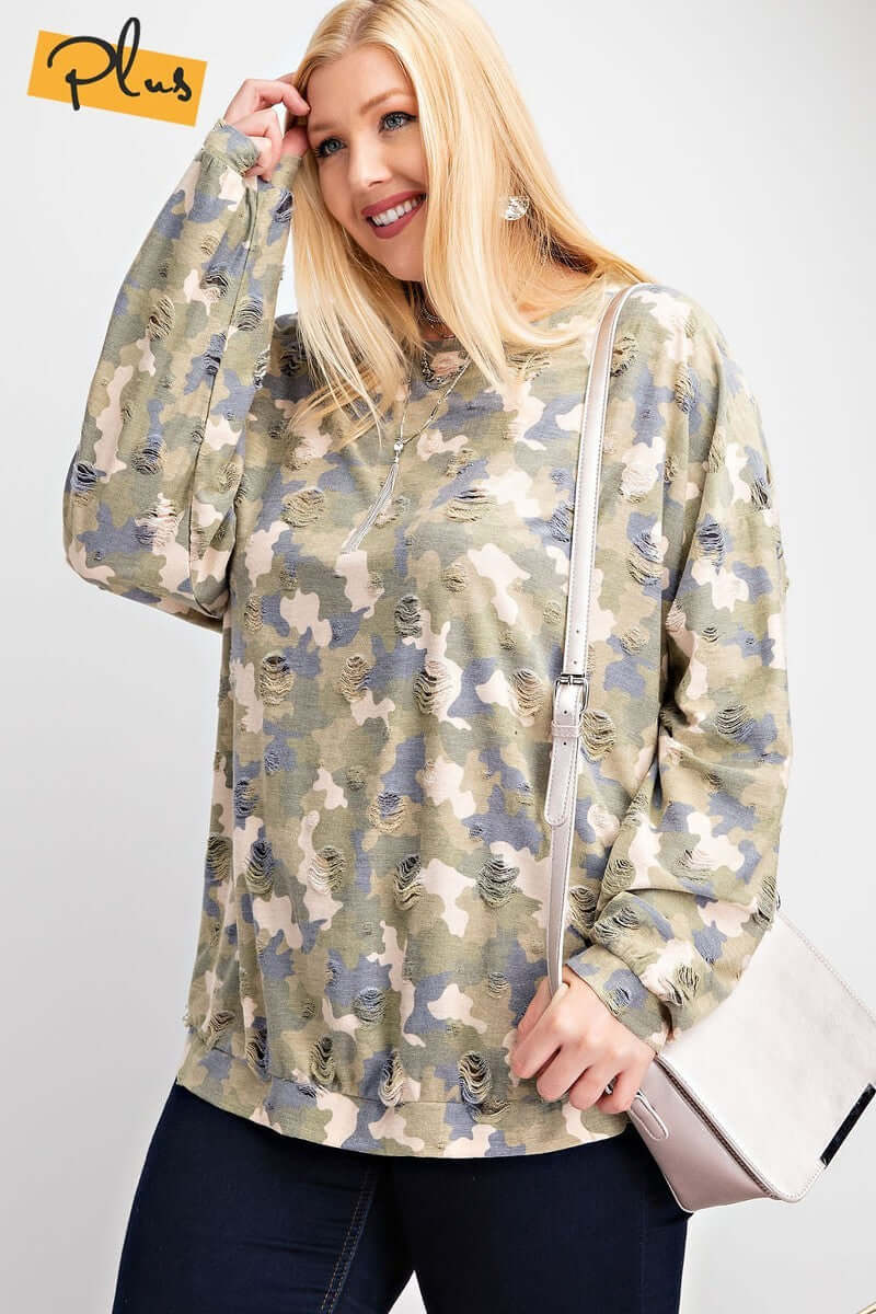 Plus Size Long Sleeve Distressed Printed Rayon Pullover Top - The Diva Goddess