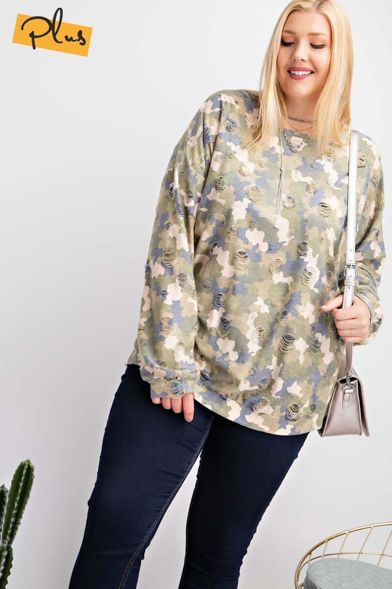 Plus Size Long Sleeve Distressed Printed Rayon Pullover Top - The Diva Goddess