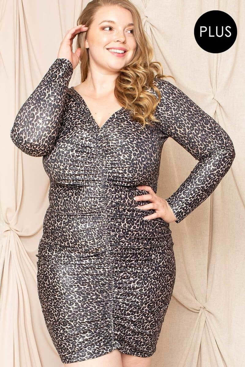 Leopard Print Shirring Plus Size Mini Dress - The Diva Goddess