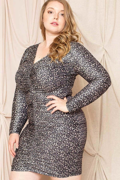 Leopard Print Shirring Plus Size Mini Dress - The Diva Goddess