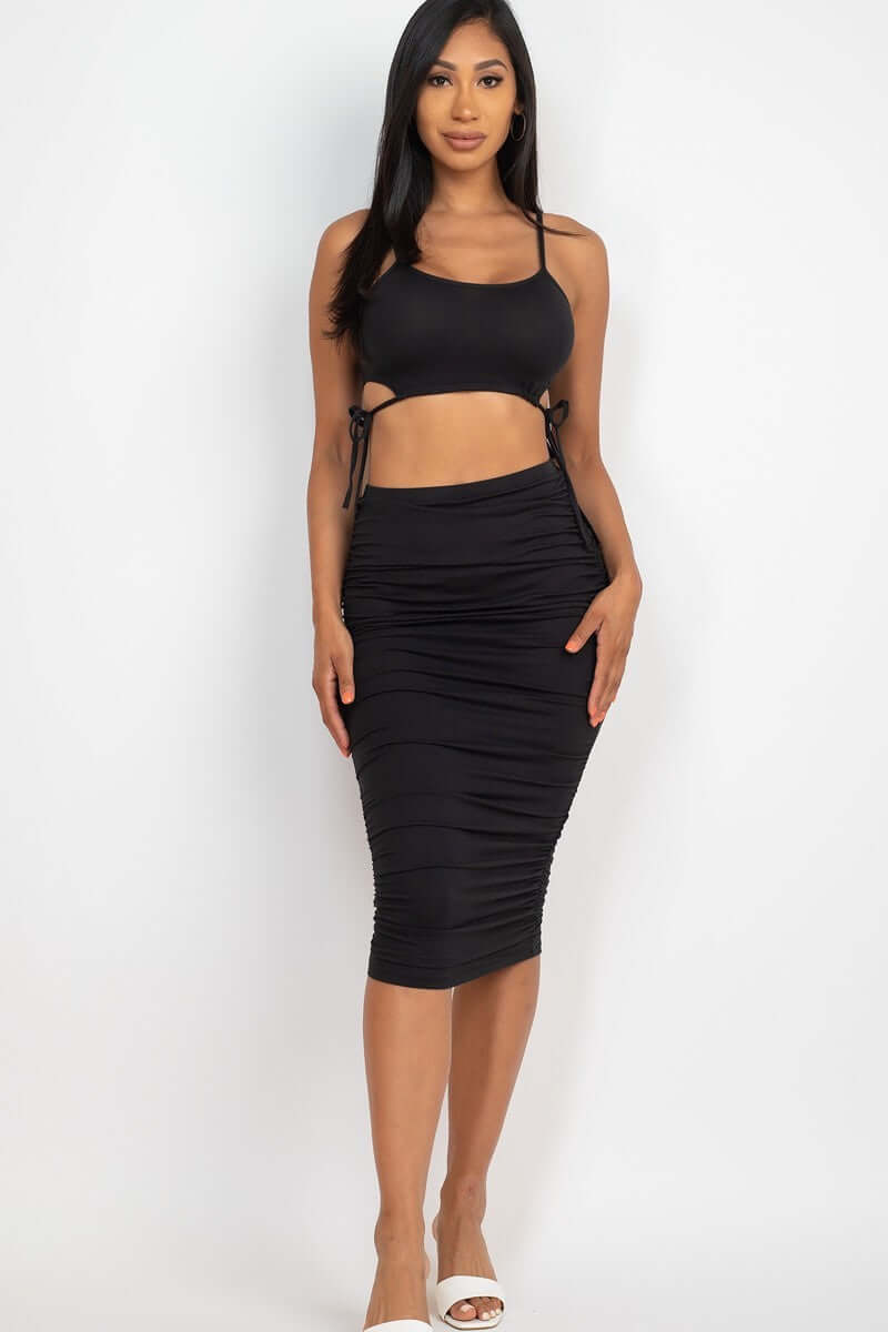 Cut-out Tie Side Crop Top & Ruched Midi Skirt Set - The Diva Goddess